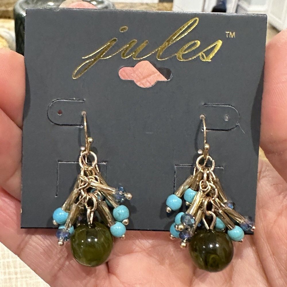 Jules‎ Women's Beads Dangle-Earrings Gold-Tone/Green Blue Boho Style New